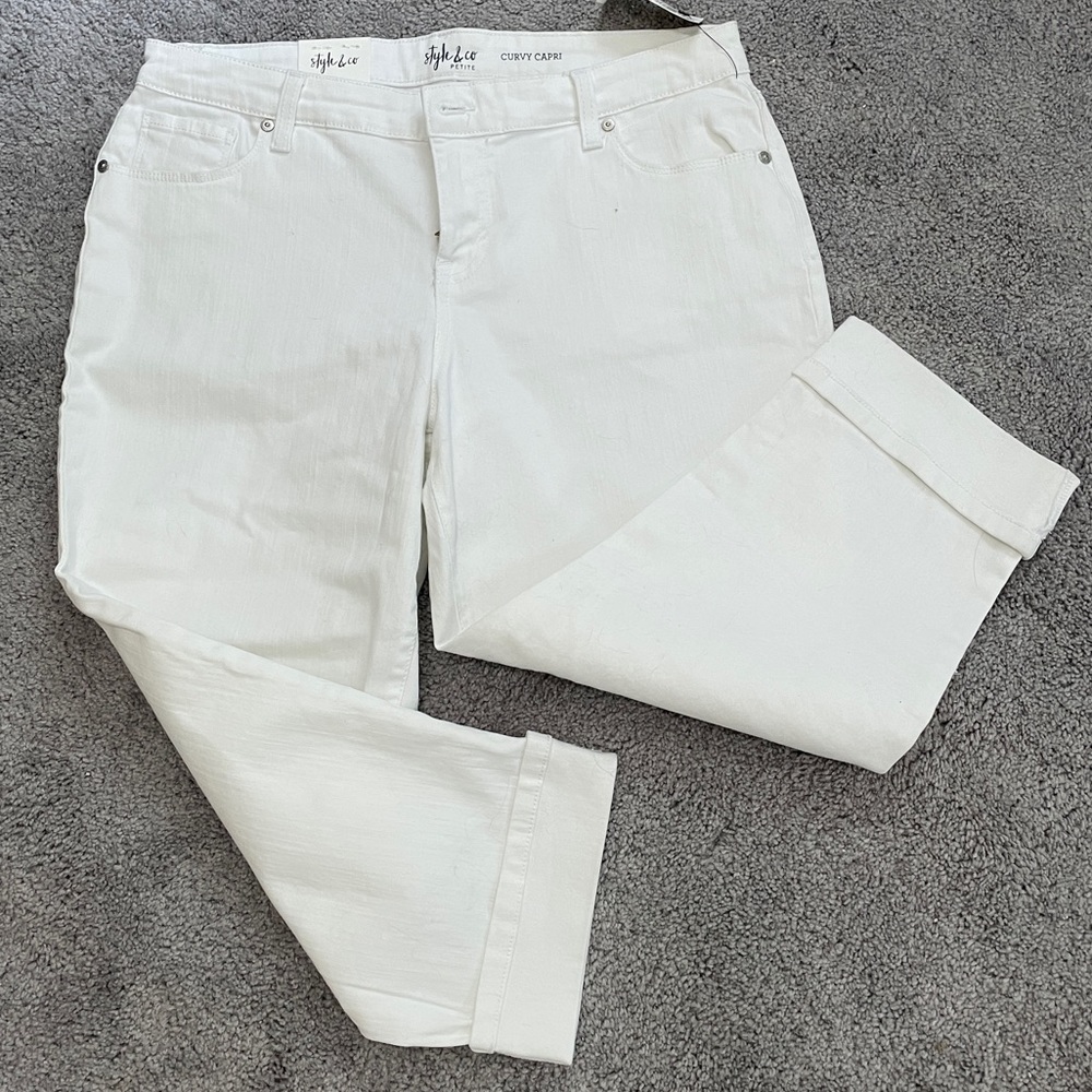 Style & Co Capri Denim White Pants Curvy Zip Stretchy 10"rise 5 Pocket 12P - Picture 3 of 11